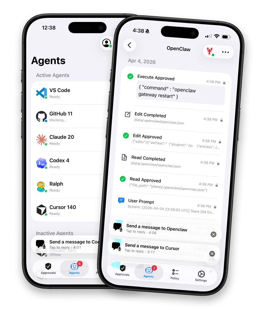 Agent Approve on iPhone showing agents and event timeline